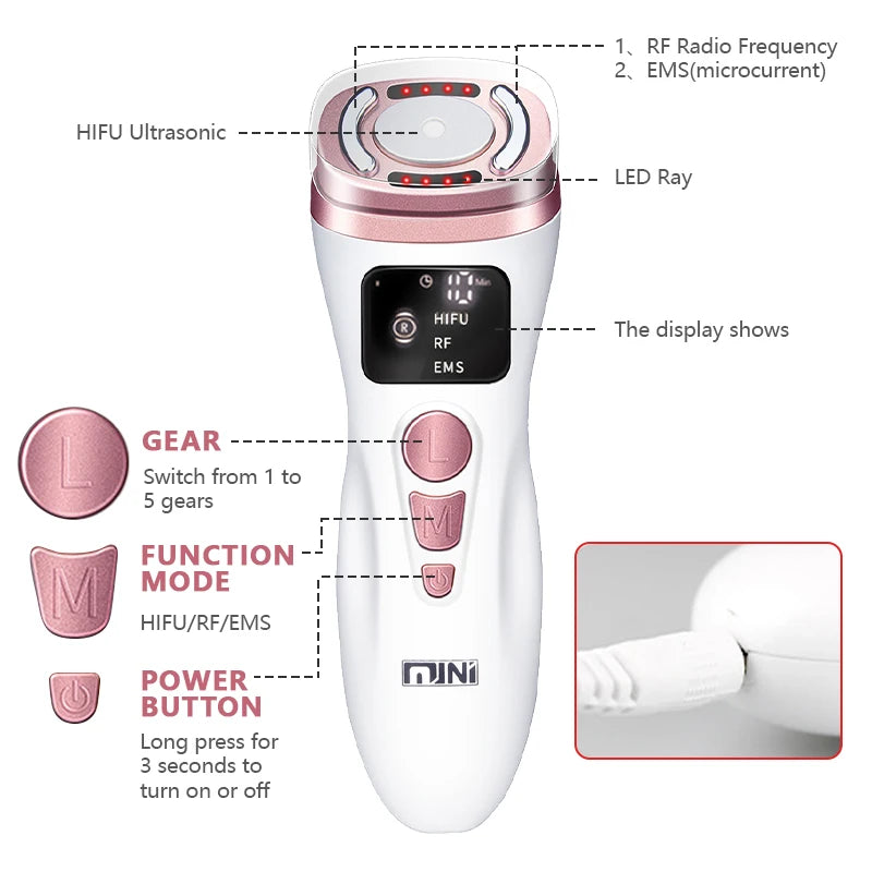 New Mini HIFU Radio Frequency Ultrasonic Machine EMS Micro Current Facial Beauty Instrument Firming Skin Care Anti-Wrinkle Tool