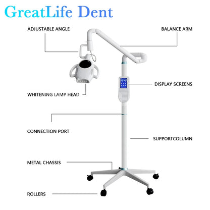 GreatLife 60W 10 Leds Dental Touch Display Screen Teeth Whitening Machine 3 Colors Moveable Bleaching Lamp Floor Standing Wheels